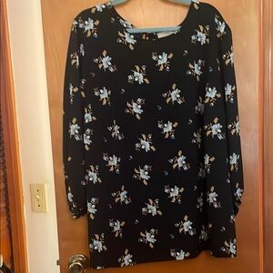 LOFT Black Background with Blue Flowers Long Sleeve Blouse